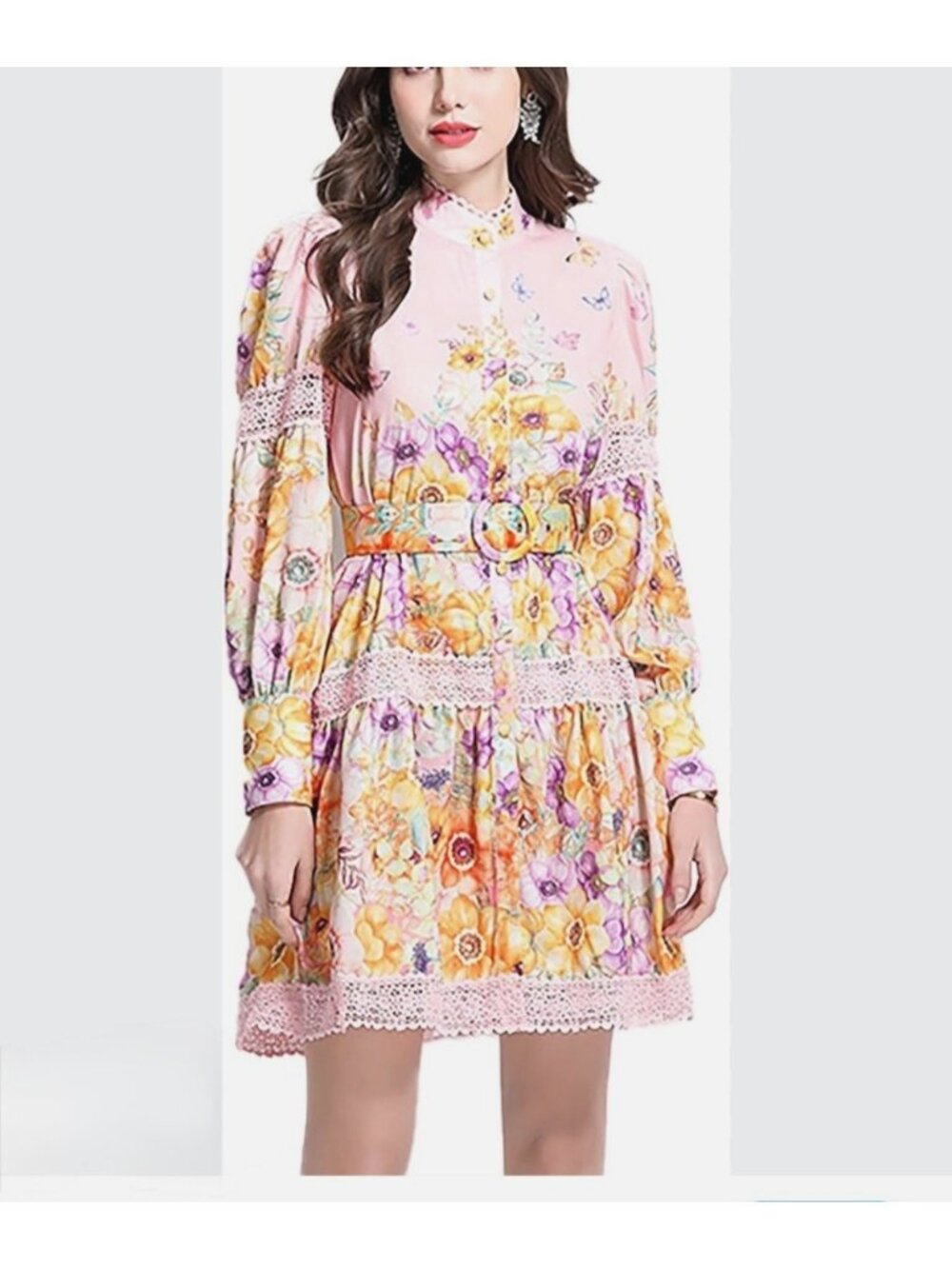 Floral High-Neck Pink Mini Dress with Lace Details & Belt Large